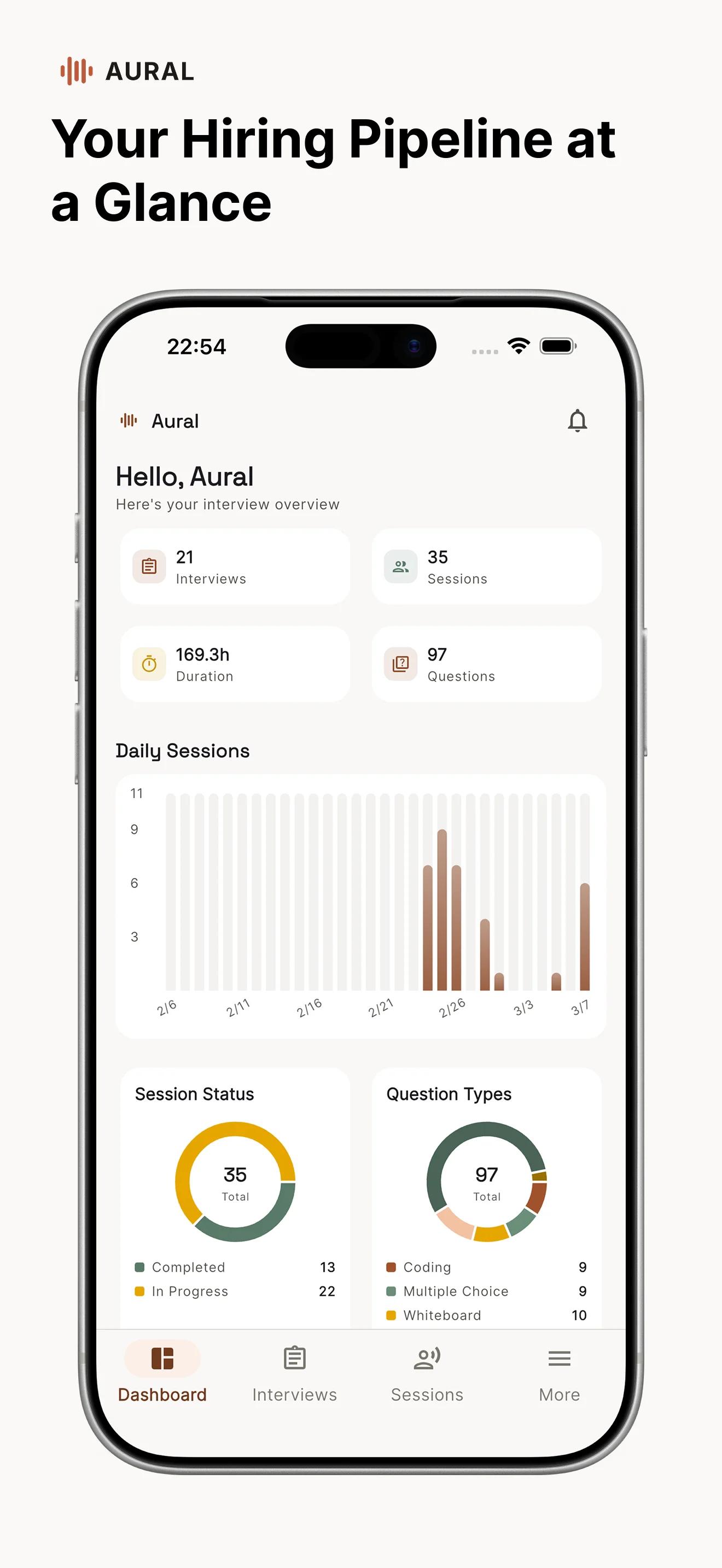 Aural mobile dashboard showing interview overview and session stats