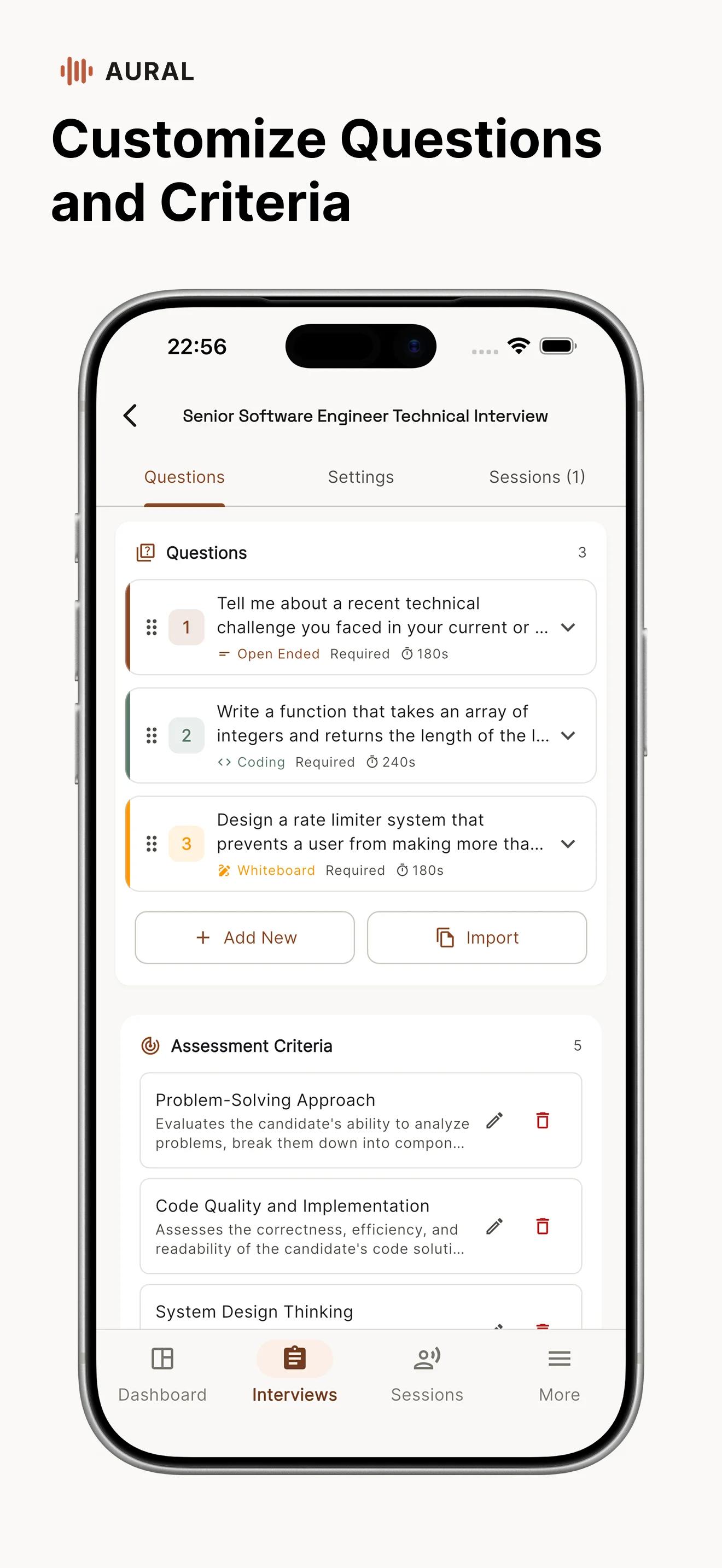 Interview question editor on mobile with assessment criteria