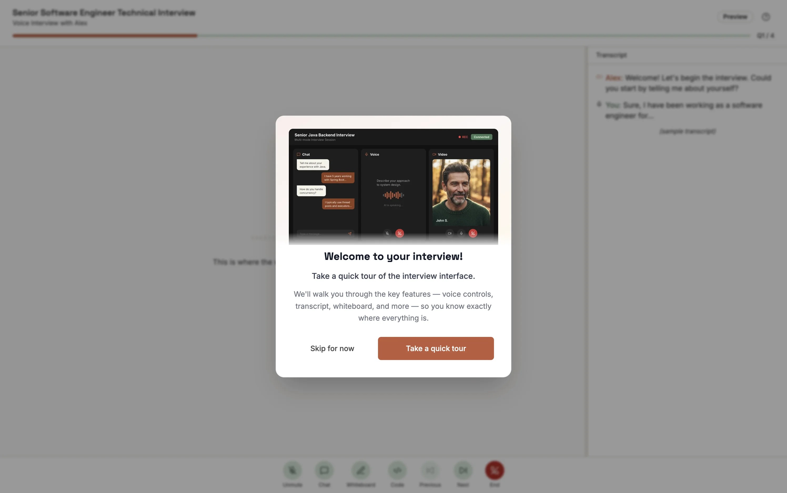 The candidate lands on a clean welcome page with interview details, question count, estimated duration, and a preview of the experience