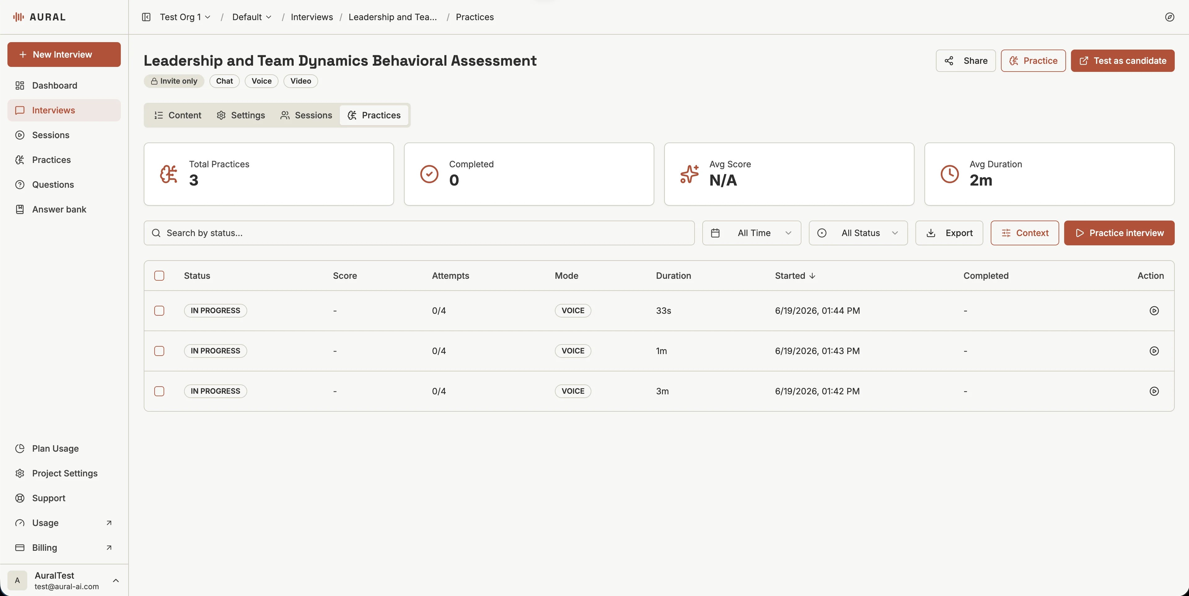 Practices dashboard with Practice, Test as candidate, Context, and Practice interview actions
