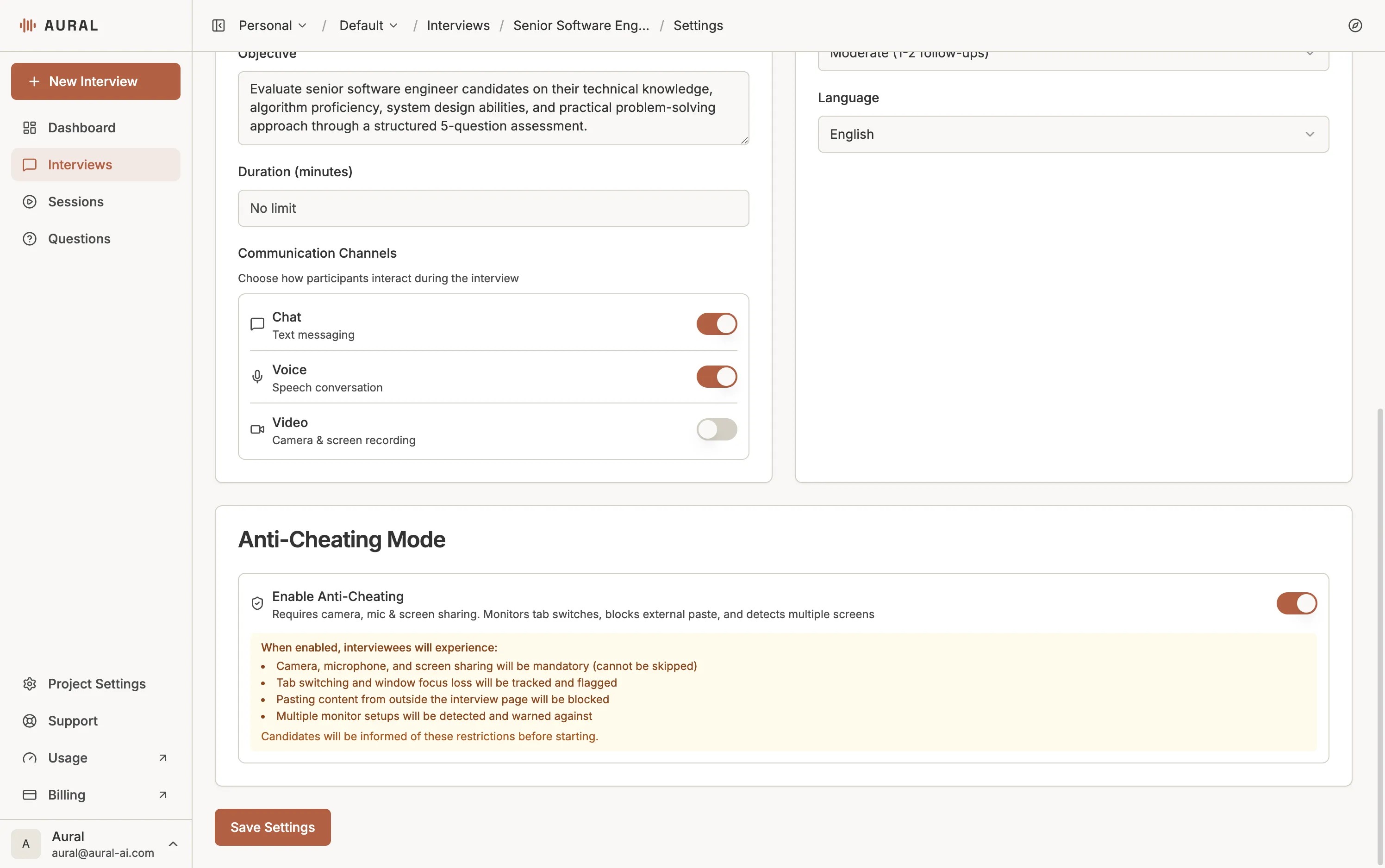 Aural anti-cheating setting for enabling interview integrity monitoring