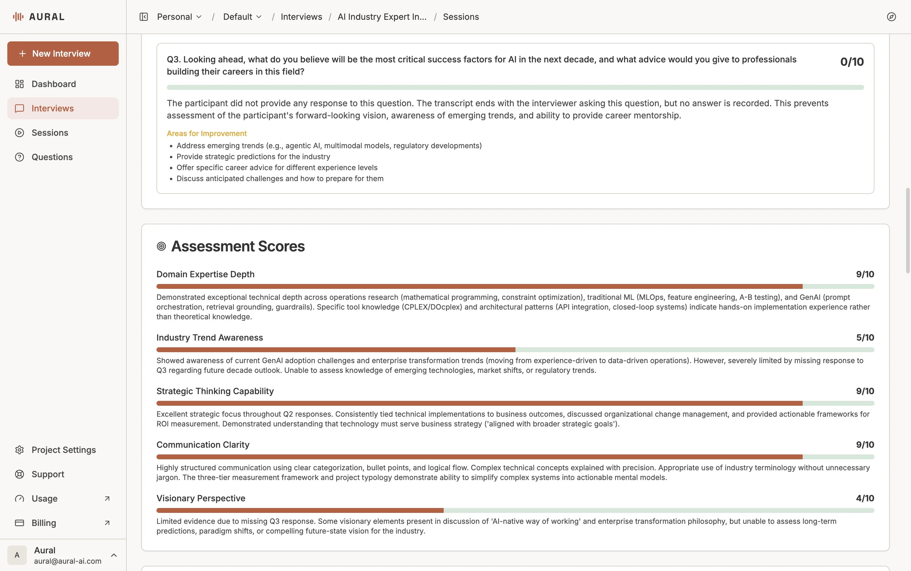 Aural's competency assessment — domain expertise, strategic thinking, communication, and other ratings at a glance