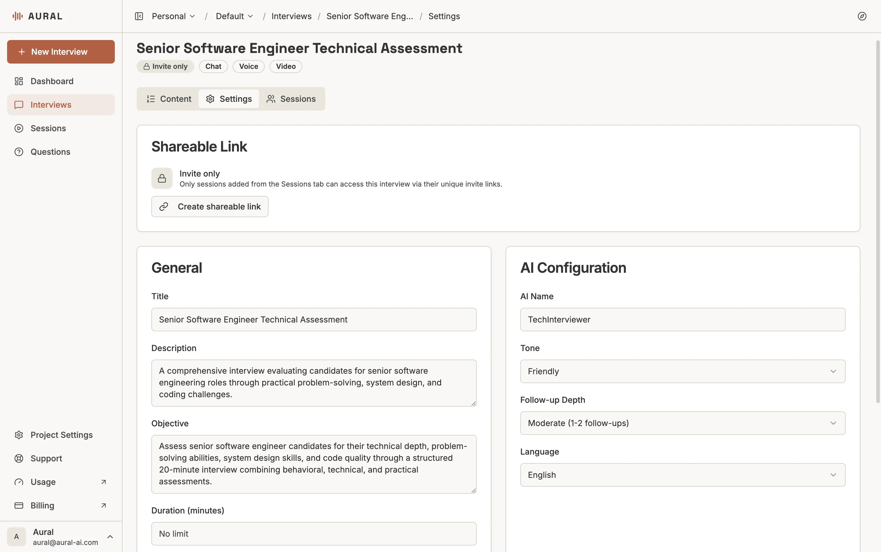 Aural's interview settings — configure AI personality, tone (casual to formal), follow-up depth, language, and channels
