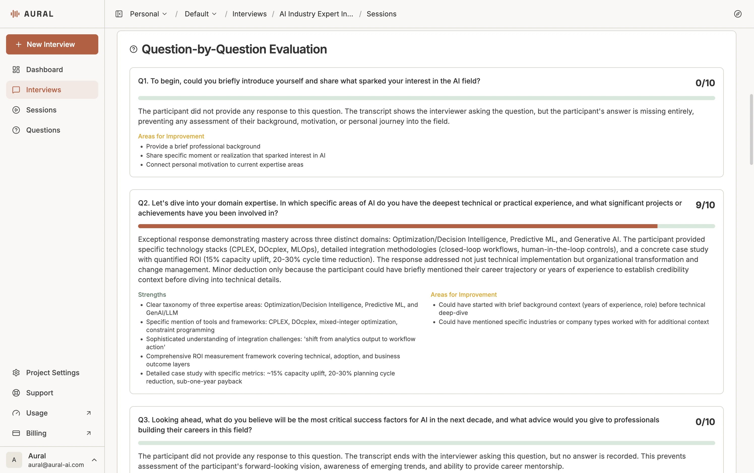 Question-by-question evaluation in Aural — individual scores, identified strengths, and areas for improvement for each response