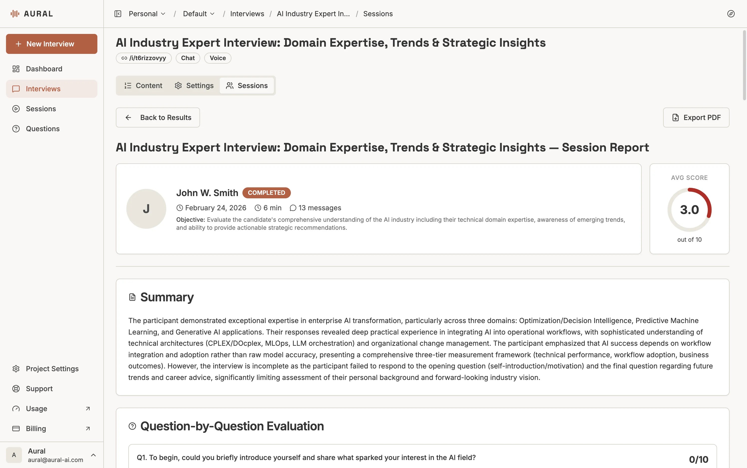 Aural's session report overview — candidate info, completion status, average score, and AI-generated summary