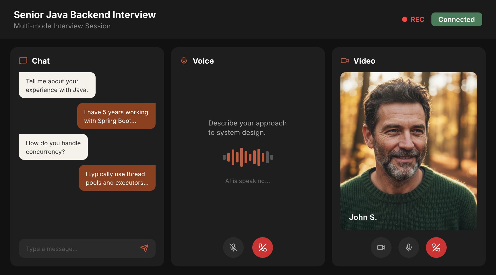 Aural channel screenshot showing chat, voice, and video interview modes