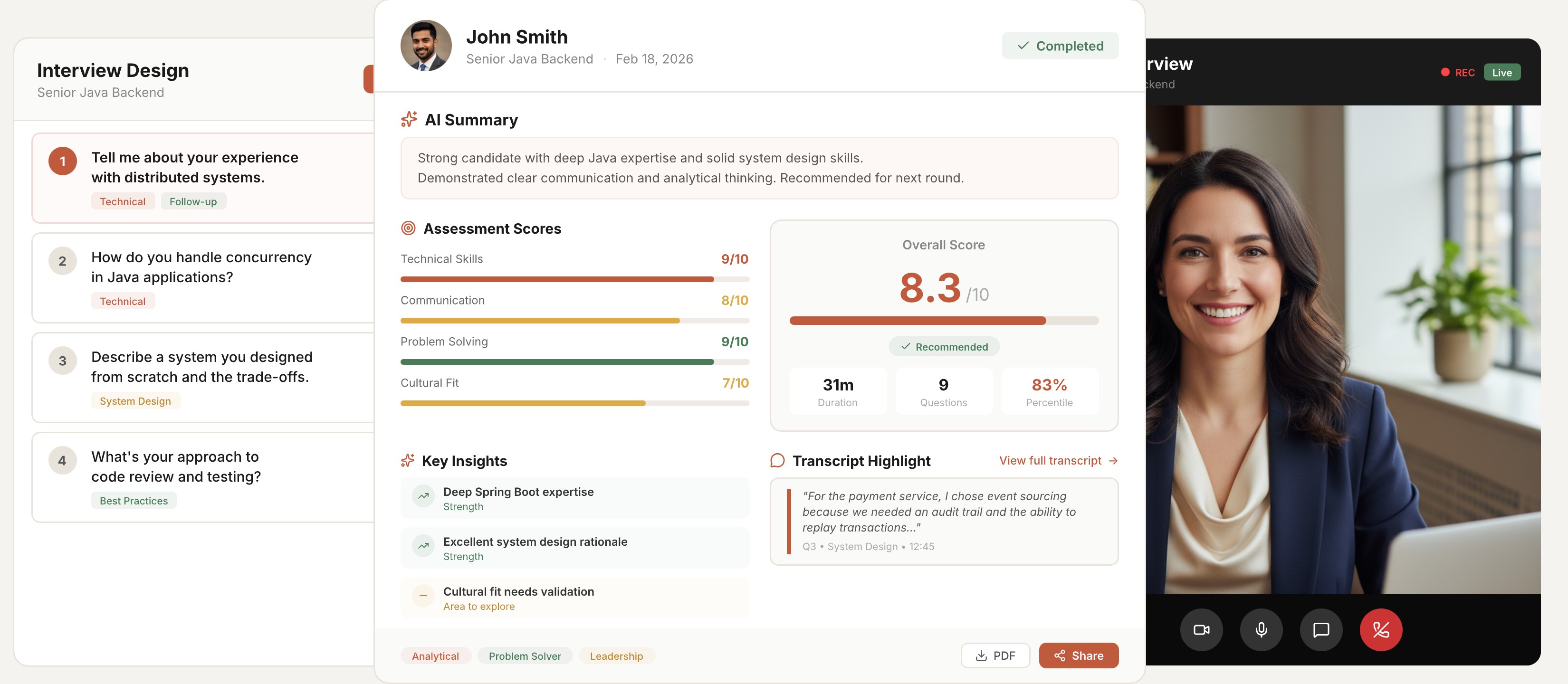 Aural product screenshots showing interview creation, AI sessions, and analytics