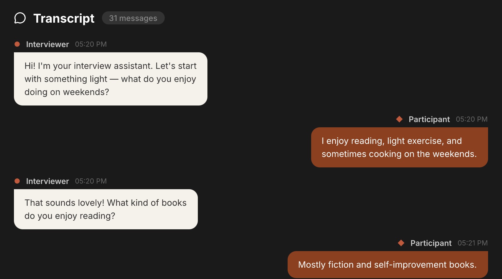 Aural transcript screenshot showing an adaptive AI interview conversation